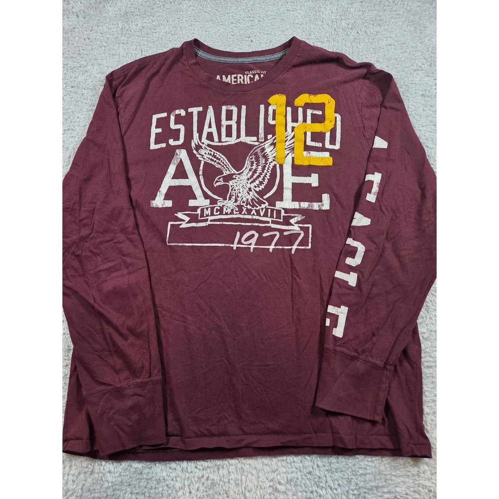 American Eagle Graphic Tee L Burgundy Mens Long Sleeve Established 1977 Classic